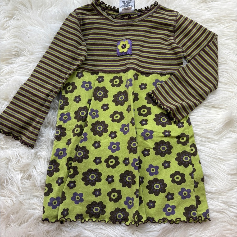 Striped and Floral Kids Dress in Green and Brown